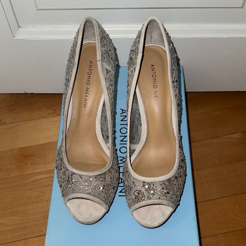 Antonio Melani Silver Embellished Peep-Toe Heels